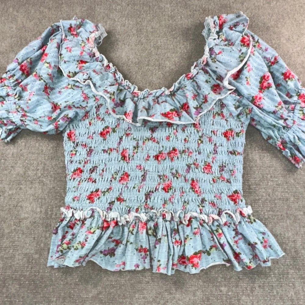 Free People Floral Smocked Ruffle Blouse Blue Gingham Puff Sleeve Top Small